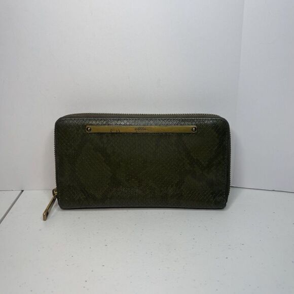 Fossil Handbags - Fossil Liza Olive Snake Print Leather RFID Zip-Around Wallet Womens Designer